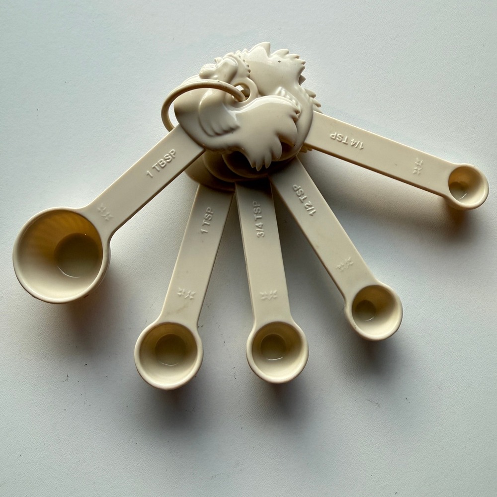 Vintage Cream Ceramic Rooster Measuring Spoons Set 5 Piece Farmhouse Kitchen
